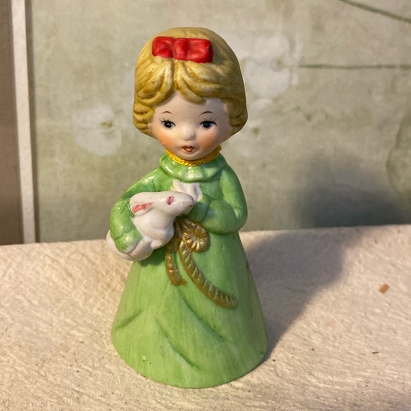 Vintage 1978 Jasco Merri Handcrafted Bisque Porcelain Girl Bunny  Bell - Picture 1 of 3